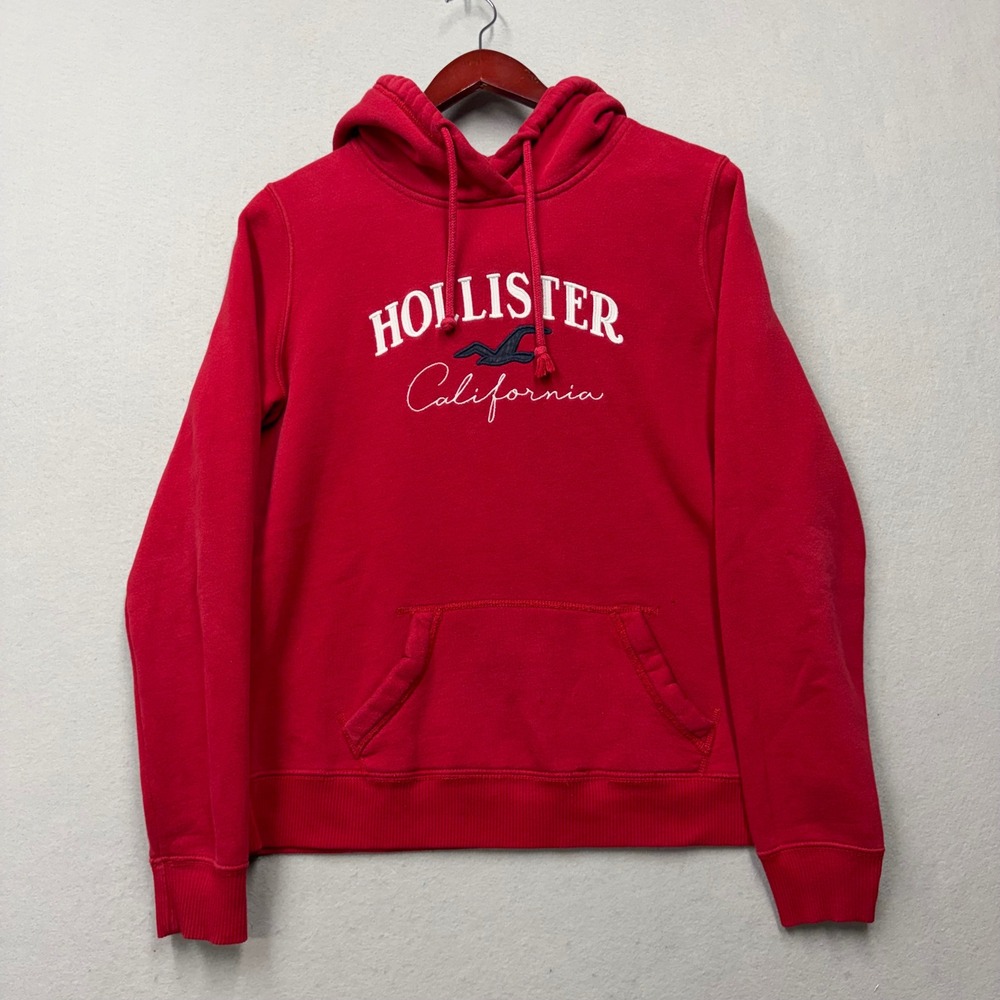 Hollister Hoodie Women M Red California Logo Fleece Pullover Y2K Embroidered
